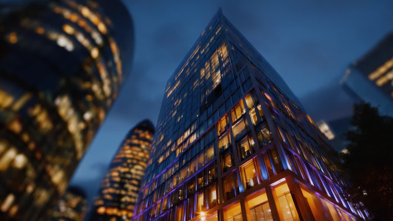 Arquitetura moderna impressionante iluminada à noite, com um skyline urbano cativante ao fundo, exibindo um design de construção único e efeitos de iluminação sofisticados.