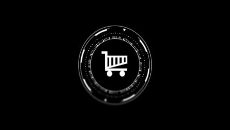 Animación-Del-Alcance-Con-El-Icono-Del-Carrito-De-Compras-Y-Procesamiento-De-Datos-Sobre-Fondo-Negro