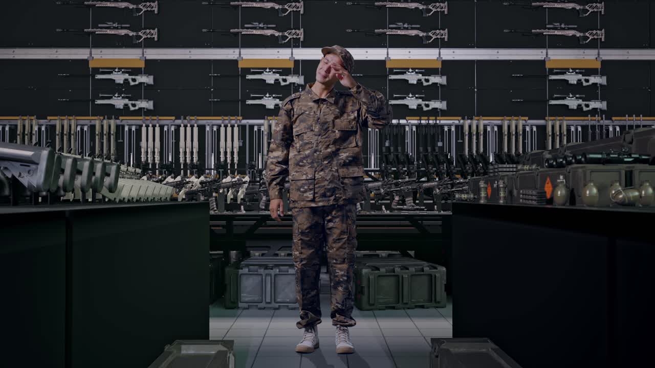 uomo asiatico soldato a figura intera che si asciuga il sudore ed è stanco nell'armeria militare
