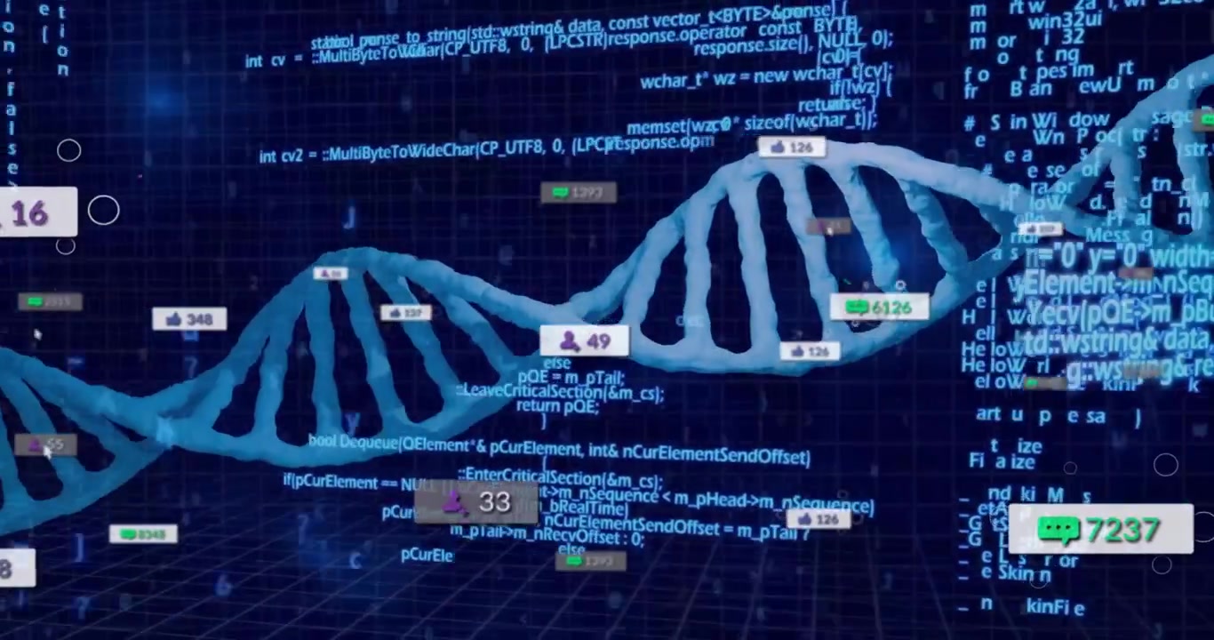 Upon emerging from grid floor, blue DNA helix rotating streaming code and updating social metrics