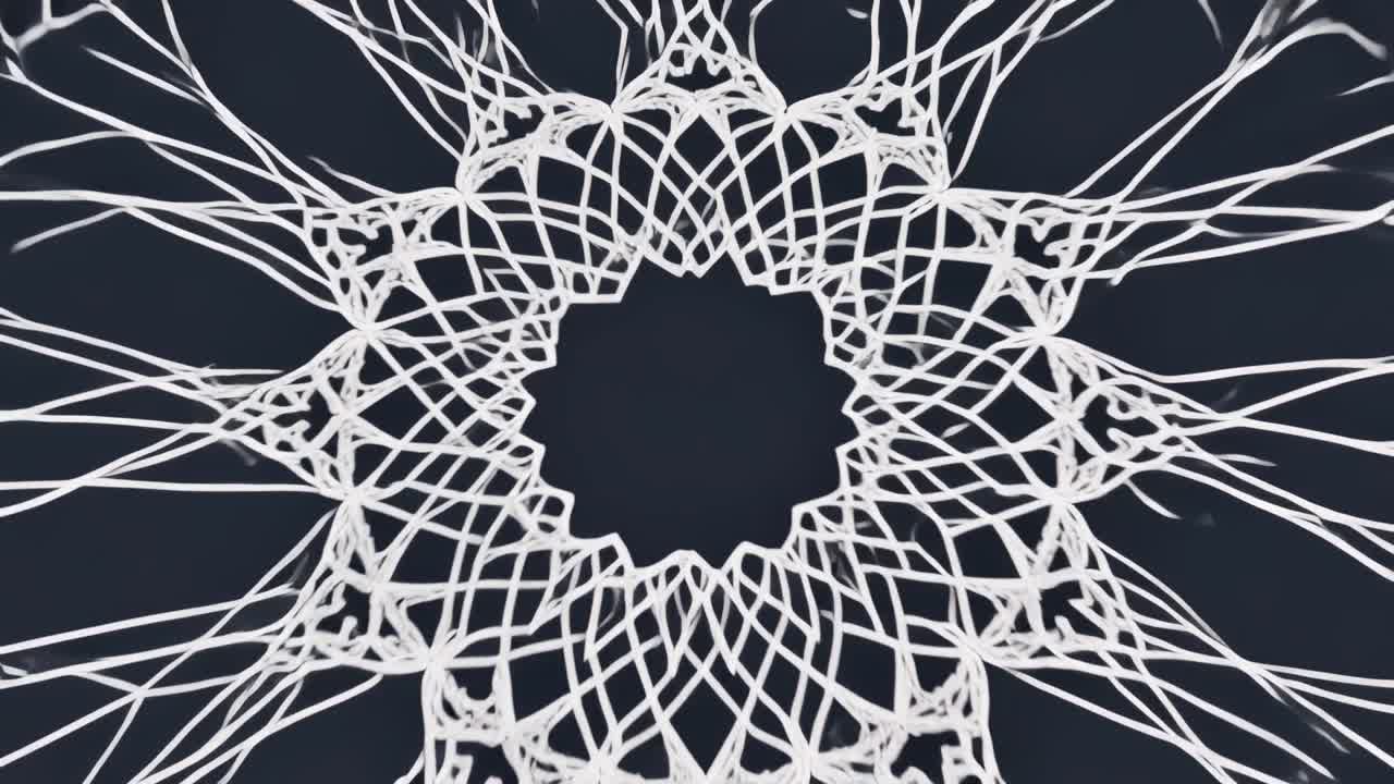 Camera zooming, rotating, white lace mandala expanding, weaving and curving into dome filling frame