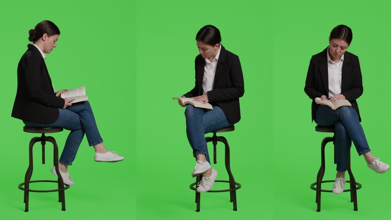 Woman Reading Book on Stool in Front of Green Screen - Three Angles