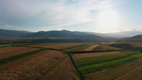 Green-and-yellow-patchwork-fields-in-hilly-landscape,-drone-aerial-flyover-view