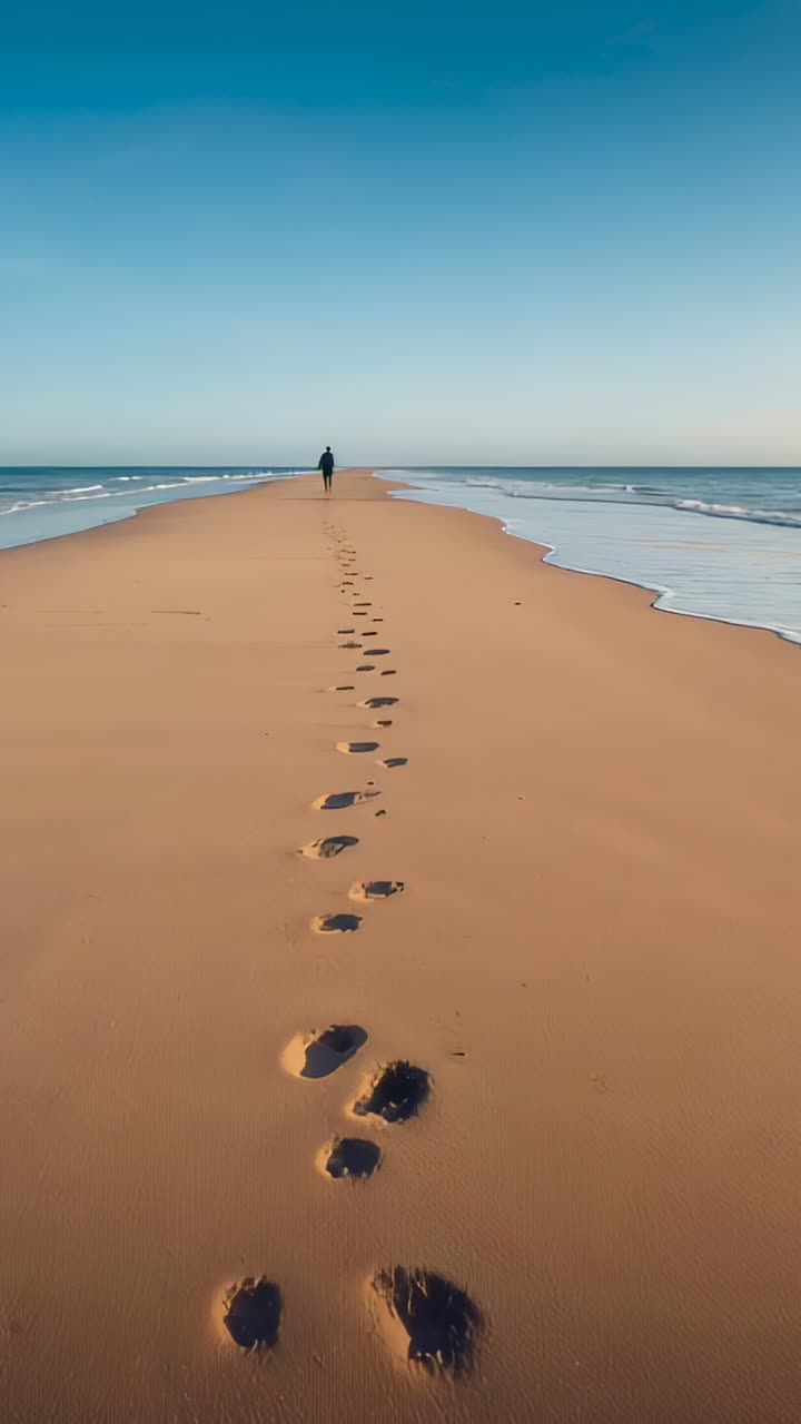 Video verticale: uomo che cammina e lascia impronte a piedi nudi su una barra di sabbia verso l'orizzonte, mentre l'inquadratura inizia, con un cappotto