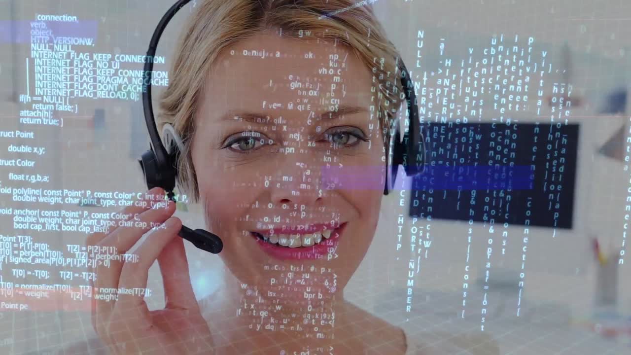 animación del procesamiento de datos sobre mujeres caucásicas usando auriculares de teléfono