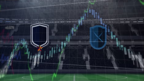 animación de emblemas de equipos y globo con gráficos y procesamiento de datos sobre estadios deportivos