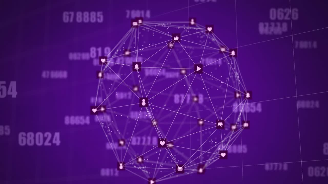 Animation of multiple changing numbers and spinning globe of digital icons against purple background