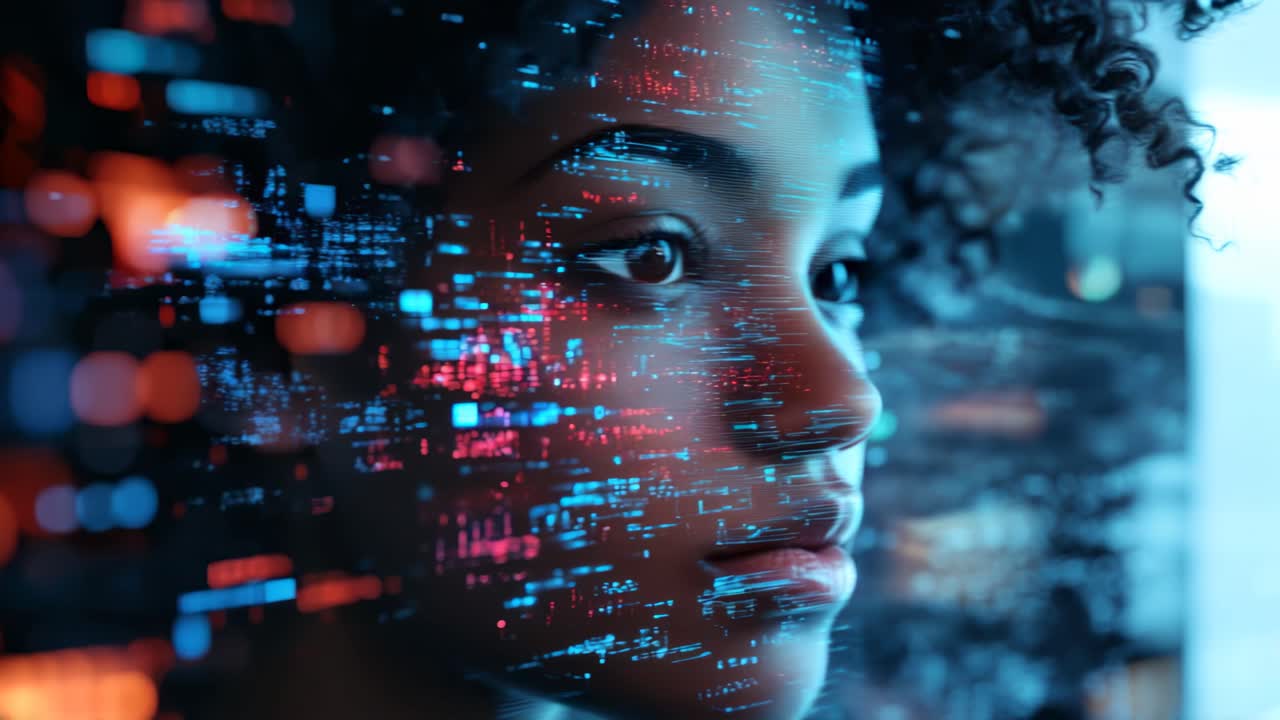 Close-up angle of a woman's face overlaid with digital data graphics, creating a futuristic video