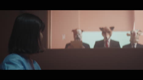a girl sits at a table and strange figures in animal masks observes her from behind the glass