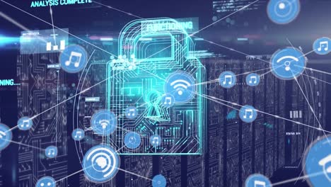 Animation-of-network-of-connections-over-padlock