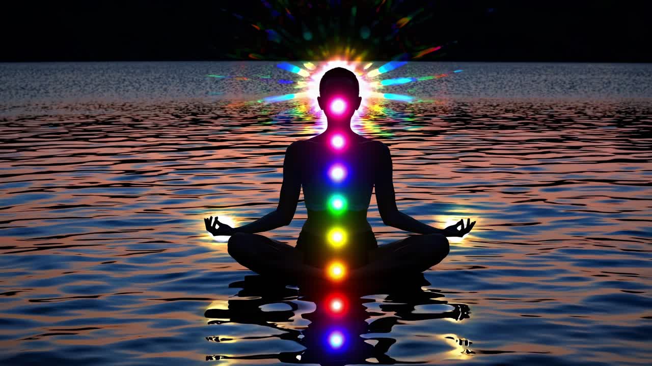 Silhouetted female meditating on reflective water surface, radiating colorful chakras and luminous halo during serene sunset moment, embodying spiritual wellness and inner harmony