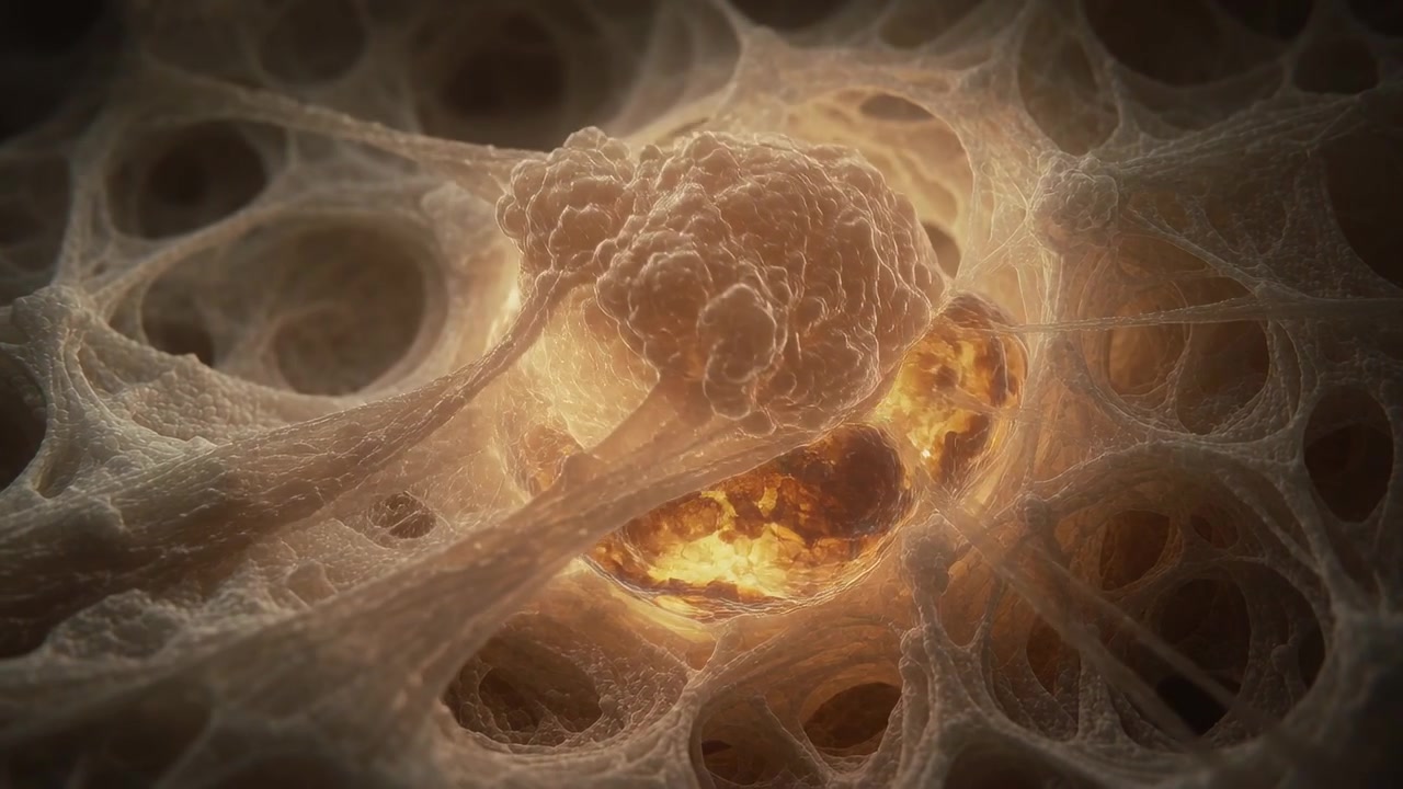 Sfera pallida in espansione che si avvicina al nucleo sferico ambrato in una matrice porosa, inviando colli, fondendosi per unirsi