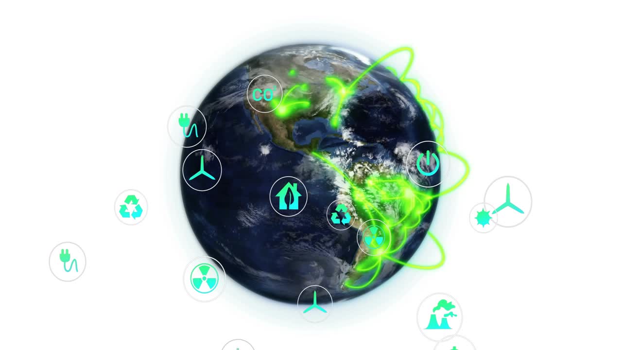 Bagliore verde che emerge in Europa, creando scie al neon, collegando icone di energia e finanza e raffigurando una rete.