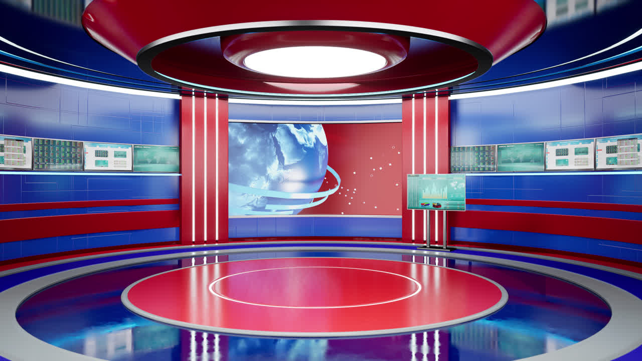 Sala notizie con display e palco televisivo
