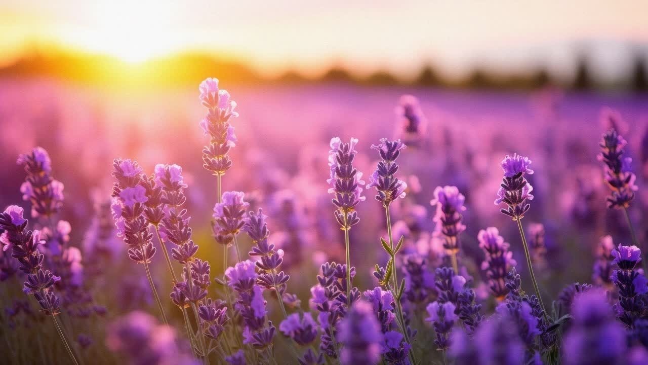 Video con ripresa dal basso angolo di un campo di lavanda al tramonto, che cattura le vivaci tonalità viola e una calda atmosfera