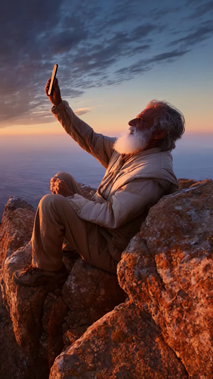 Elderly Man Sitting on Rocky Outcrop at Sunset, Holding a Smartphone and Enjoying Nature's Beauty in a Serene, Peaceful Moment of Reflection and Connection