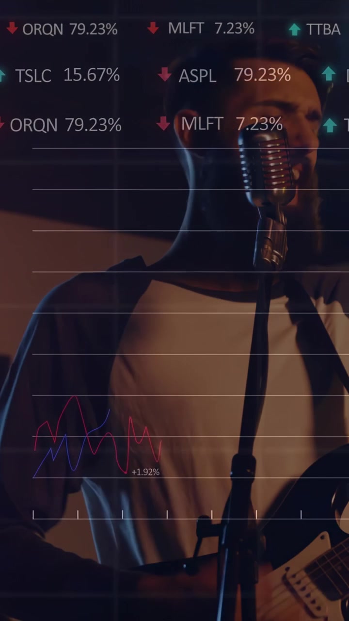 Vertikal video: Forsanger spiller og synger, mens kameraet zoomer ind, og diagrammer over scenen viser musikdata.