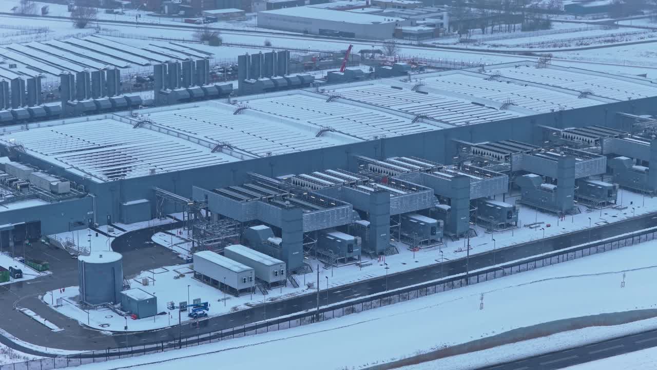 Hyperscale data center aerial view in winter snow