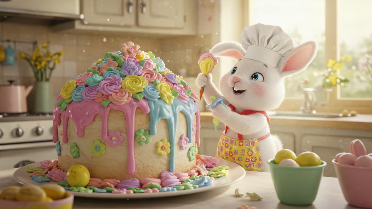 A Cheerful Bunny Chef Decorates a Colorful, Frosted Cake with Flowers and Sprinkles in a Bright Kitchen Full of Culinary Delight and Joyful Treats