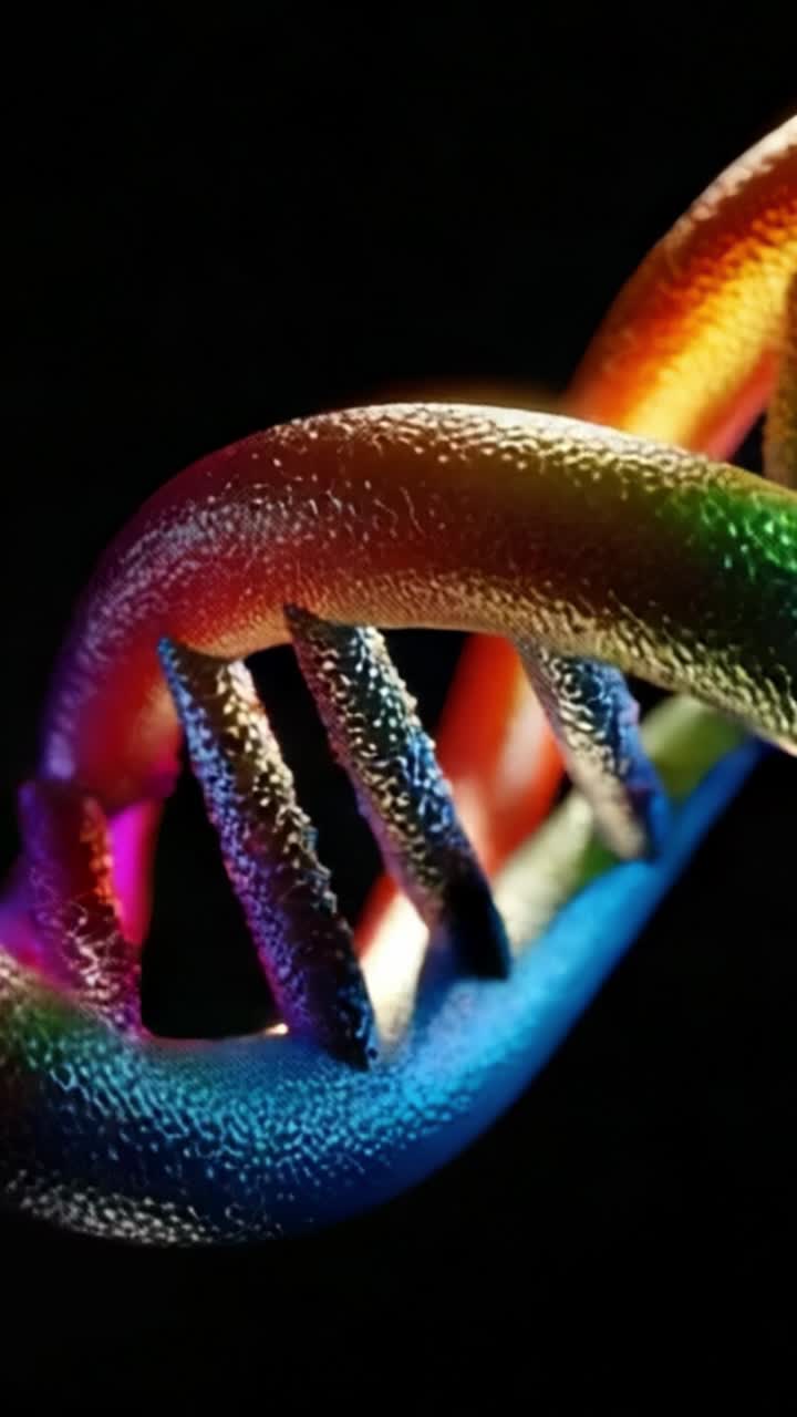 Una doppia elica di DNA arcobaleno scintillante con dettagli mozzafiato, che evidenzia la complessità e la bellezza del materiale genetico su uno sfondo scuro.