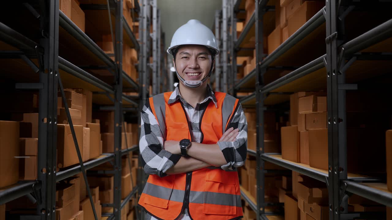 ingeniero masculino asiático con casco de seguridad de pie en el almacén con estantes llenos de bienes de entrega. cruzando los brazos y sonriendo a la cámara en el almacenamiento