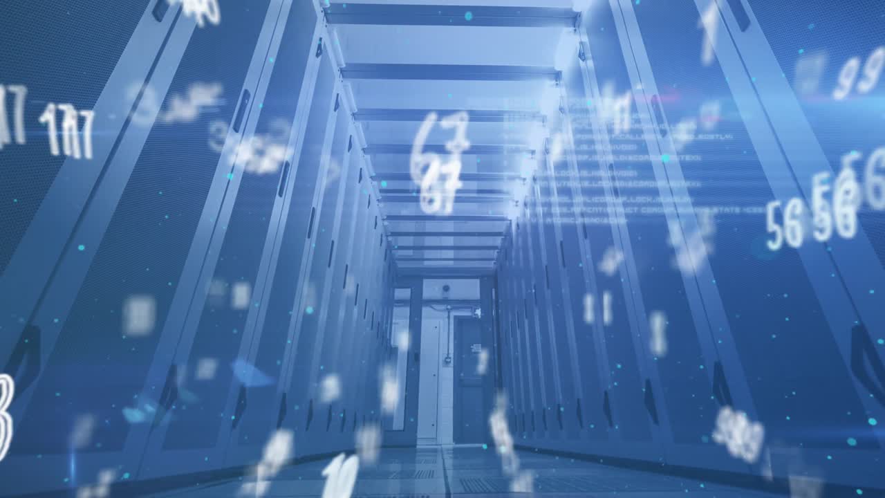 컴퓨터 서버와 함께 기술 방에서 바뀌는 숫자의 애니메이션