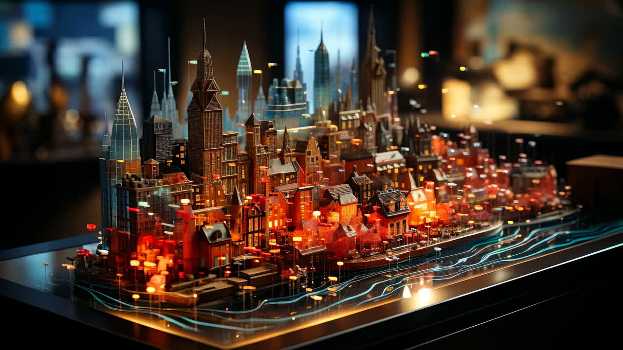 Illuminated city design model. A miniature city model shines with vibrant lights, showcasing its unique urban features and architecture