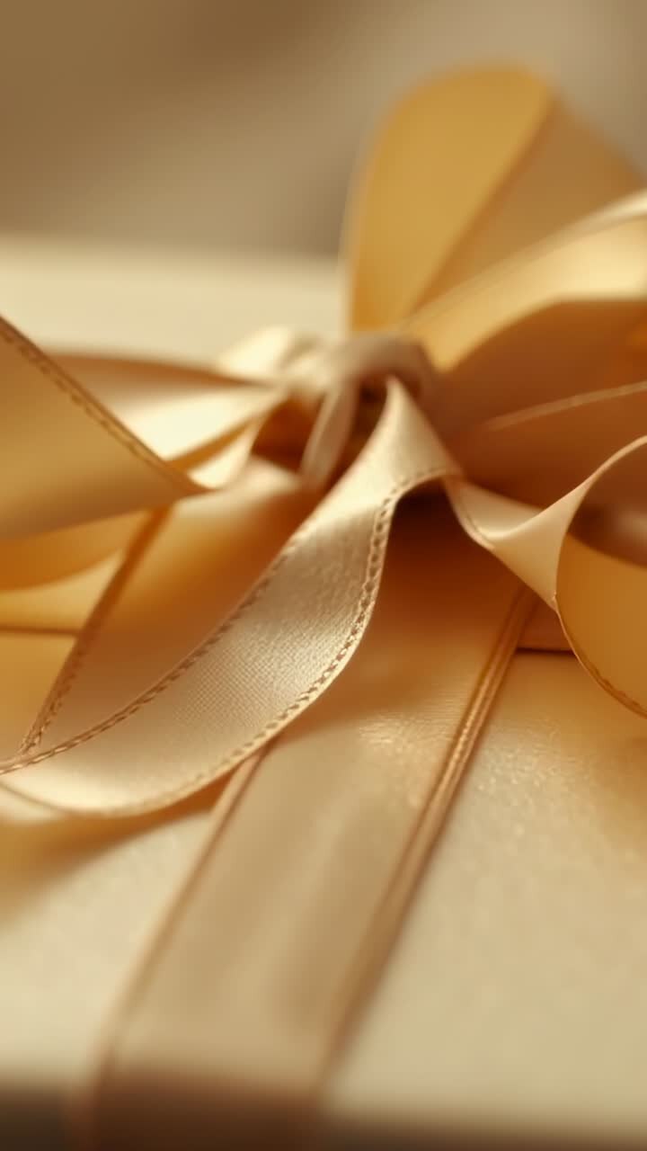 Vertical video: Panning shot showing gold satin ribbon bow, shifting focus to box texture in room