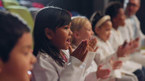 clapping, science and happy group of kids