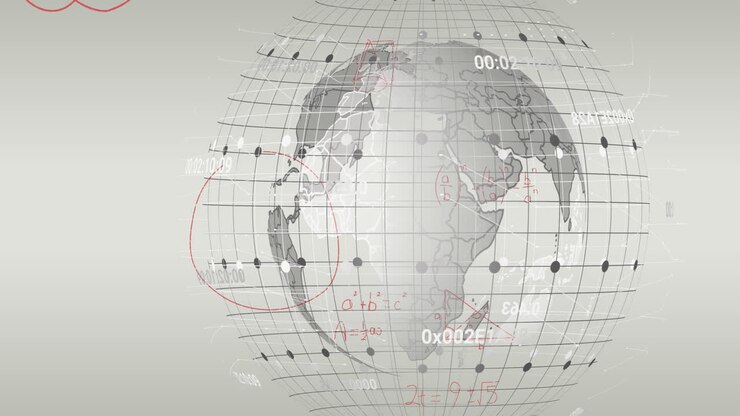 Animation of mathematical equations floating over spinning globe against grey background