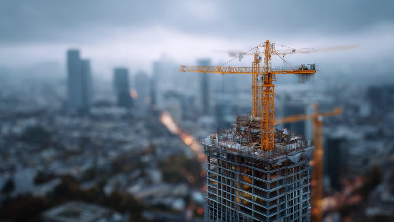 Aerial View of Urban Construction Site Featuring Tower Cranes Erected on High-Rise Building Amidst Cloudy Sky Over Cityscape in Twilight