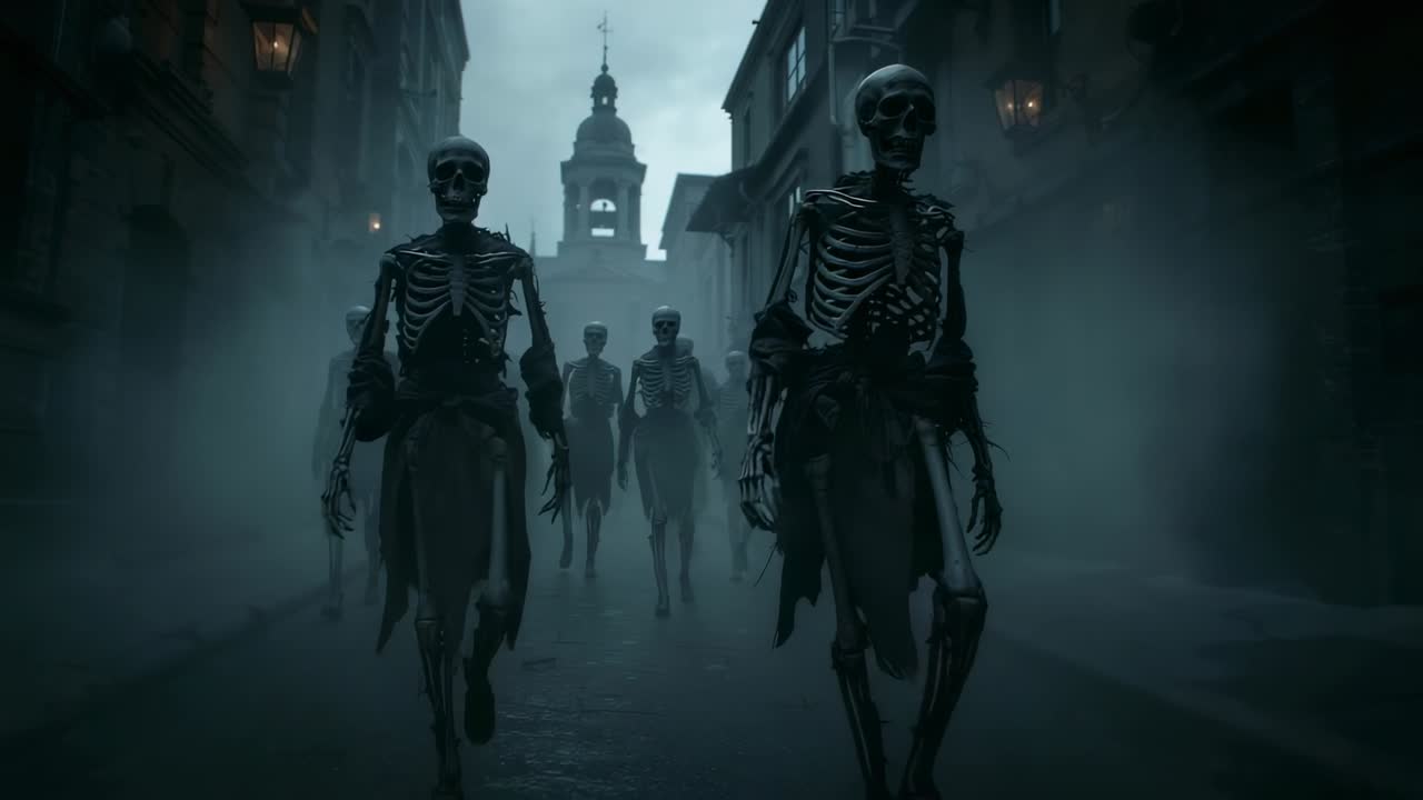 Fog thickening on cobblestone street, skeletons in rags marching under lantern glow toward camera