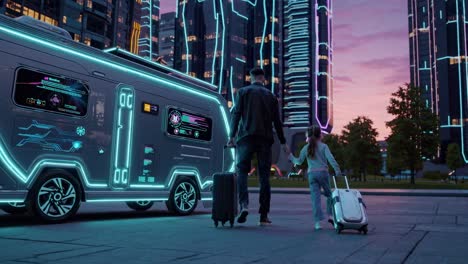 family trip in futuristic city