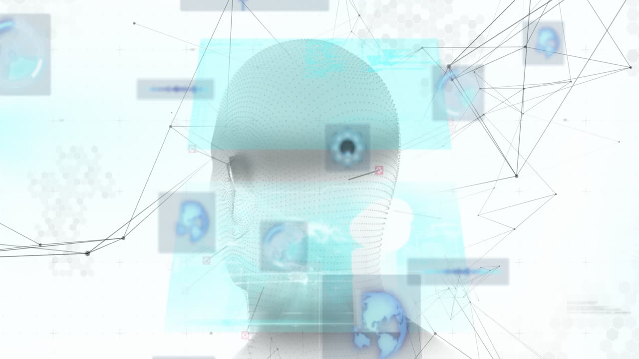 회전하는 인간 머리 모델에 대한 둥근 스캐너와 연결 네트워크의 애니메이션