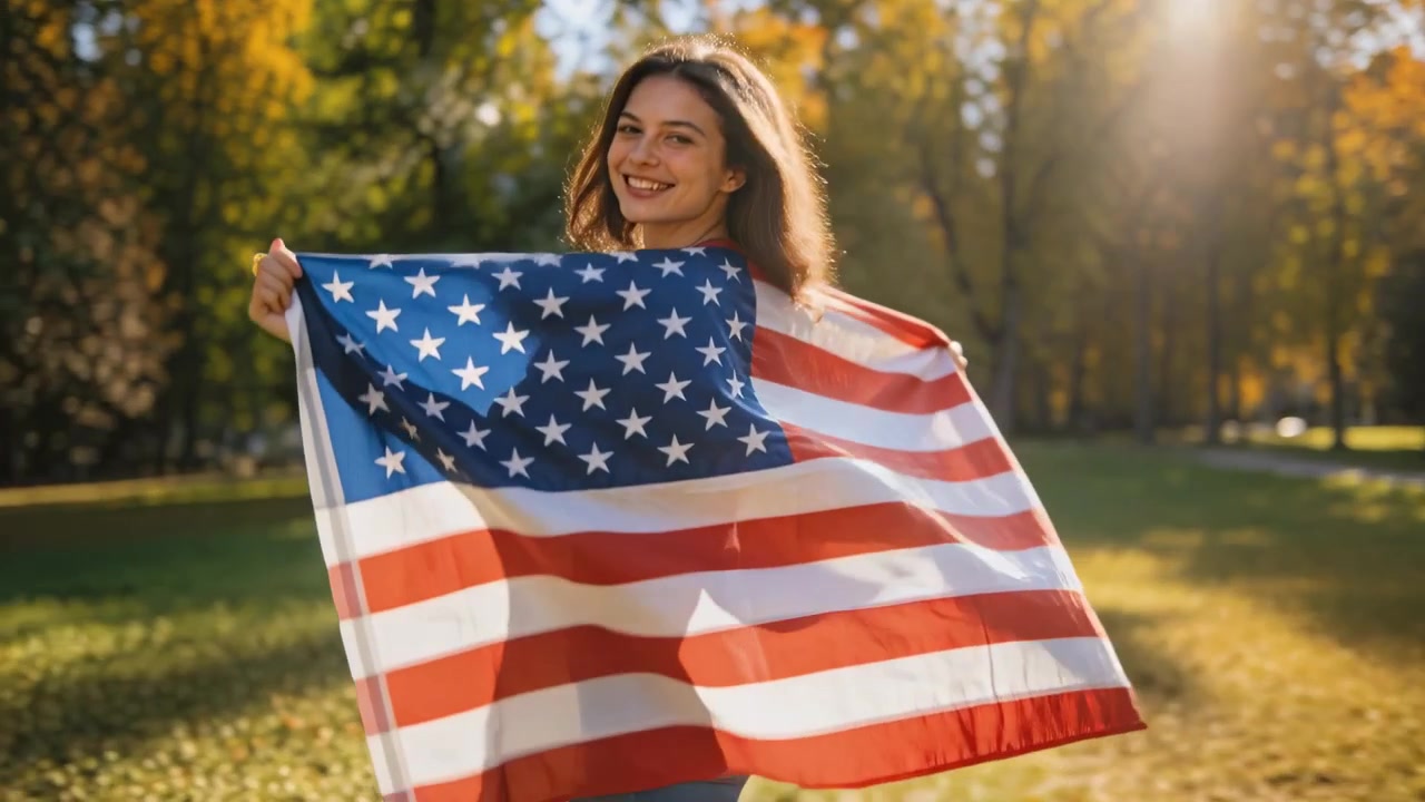 Donna che volteggia tenendo una grande bandiera americana in un parco, la brezza solleva il tessuto mostrando stelle e strisce.