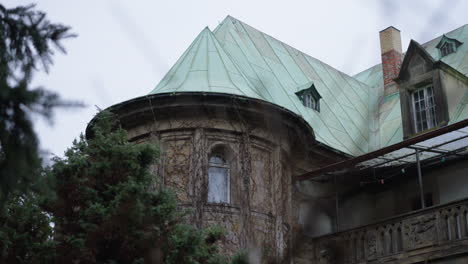 Trucking-shot-of-the-copper-roof-of-an-old-castle-in-Germany