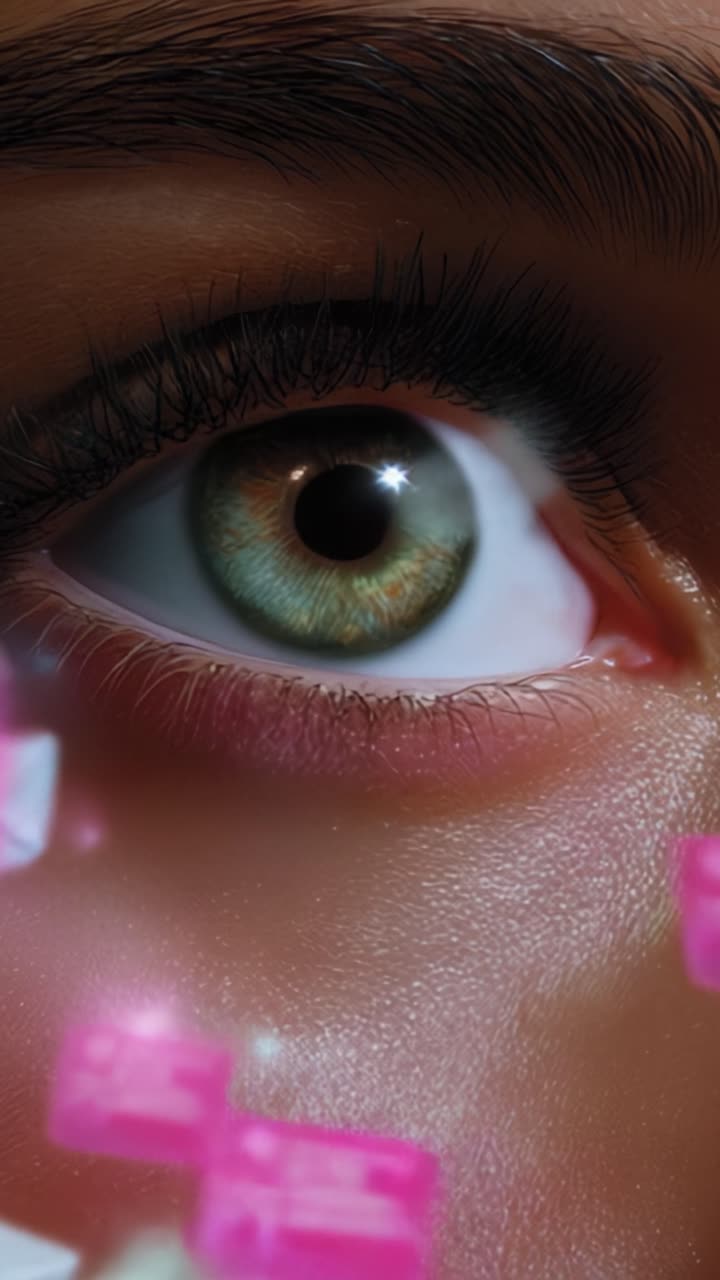 Captivating Close-Up of an Eye with Digital Communication Hues Reflecting in Various Colors and Shapes, Symbolizing Connection and Perception in the Modern World