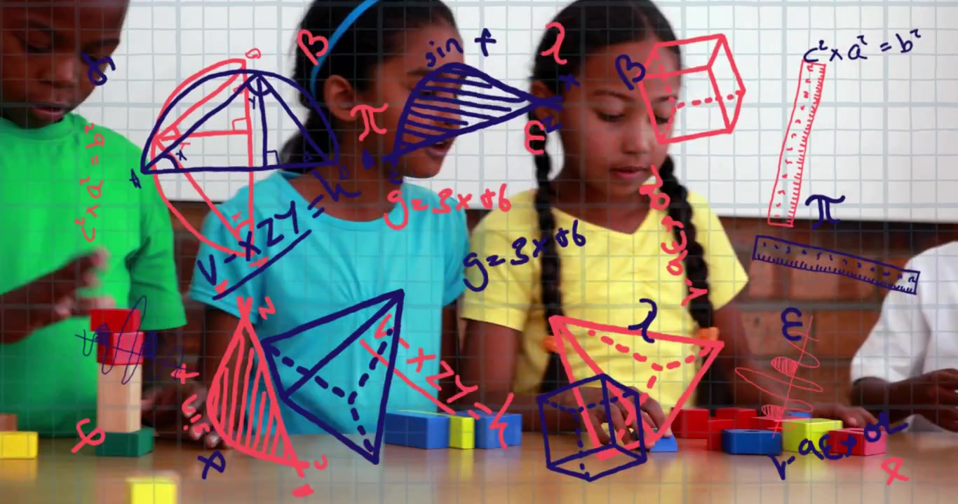 Girl in yellow reaching for red block as classmates stacking blocks near whiteboard for learning