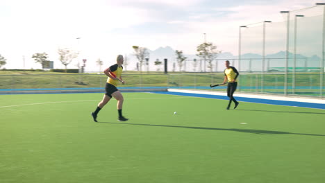 playing field hockey, male player aiming to score against goalkeeper