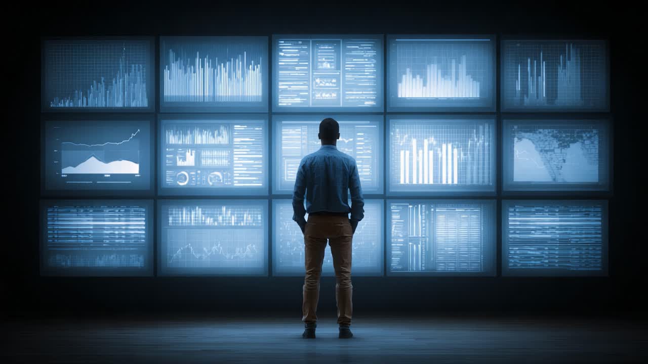 A Data Analyst Stands Captivated Before a Dynamic Wall of Graphs and Charts, Analyzing Comprehensive Data Insights for Strategic Decision-Making