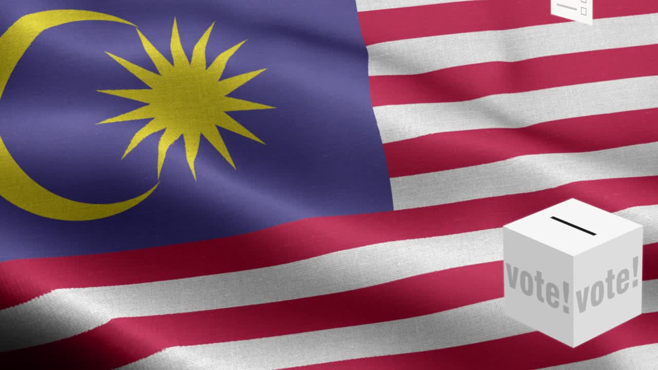 Schede volano nell'urna per le elezioni in Malesia - Urna elettorale davanti alla bandiera - Elezioni - Voto - Bandiera della Malesia - Bandiera della Malesia ad alta definizione - Bandiera nazionale della Malesia con motivo a onde, elementi in loop - Texture tessuto e loop infinito.