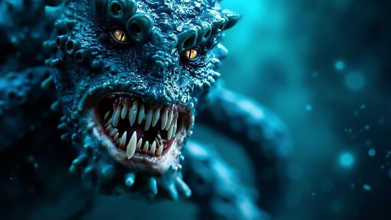 A close up of a blue dragon with its mouth open and teeth wide open