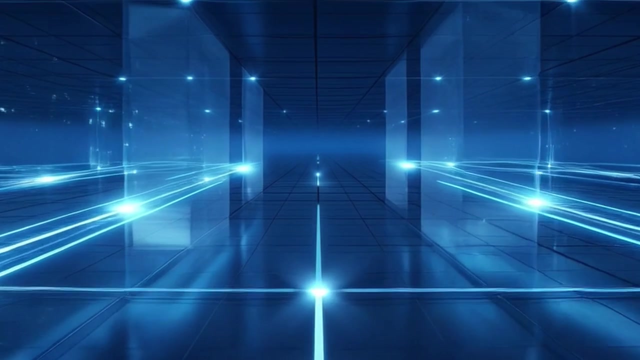 Abstract Digital Corridor with Glowing Blue Light Lines and Data Flow