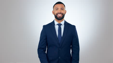 business man, face and point at you in studio
