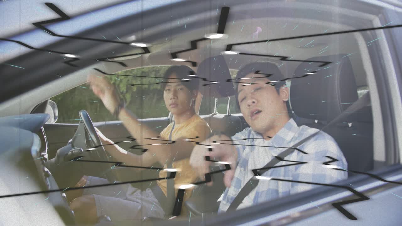 Passenger reaching for seat belt leading teen driver fastening buckle, adjusting visor for driving