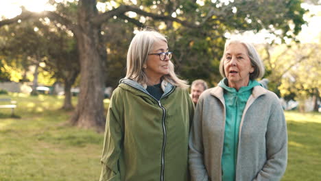 senior friends, walking and talking in park