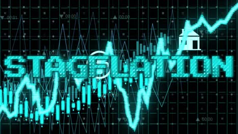 animation of stagflation text in blue over graph and charts processing data