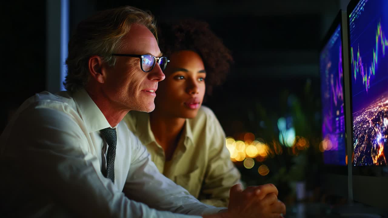 Engaged Collaboration in a Modern Office Environment: A Man and Woman Analyzing Data on Computer Screens Amidst an Urban Nightscape, Showcasing Teamwork and Focused Discussion in Business Analysis