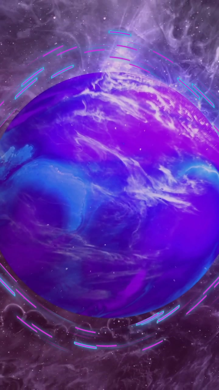Animace barevných tvarů nad planetou na hvězdné obloze