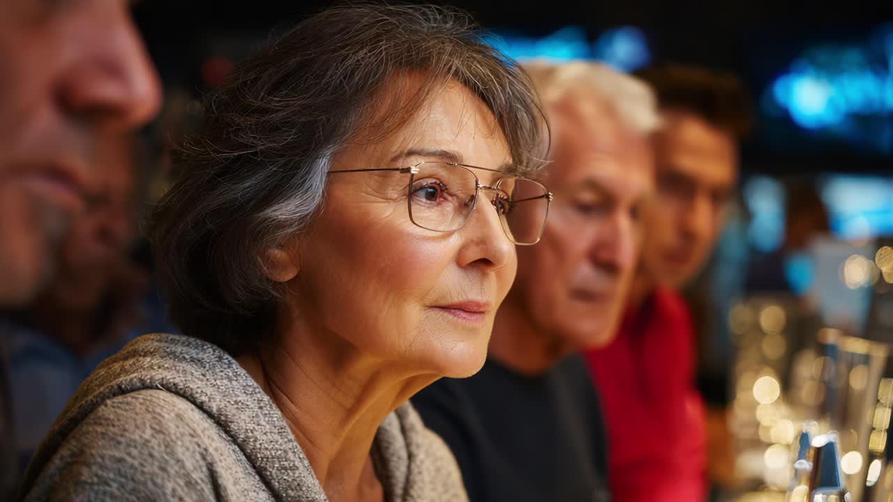 An Introspective Moment: Capturing the Emotions of a Thoughtful Elderly Woman Surrounded by Friends, Reflecting on Memories and Conversations in a Warm, Inviting Atmosphere